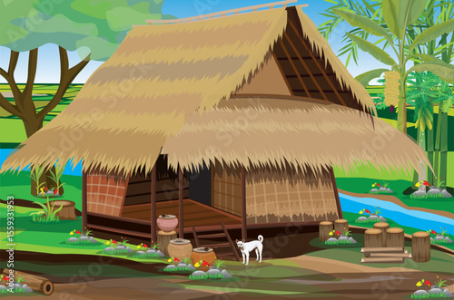 Straw huts and rice fields in the countryside.vector design
