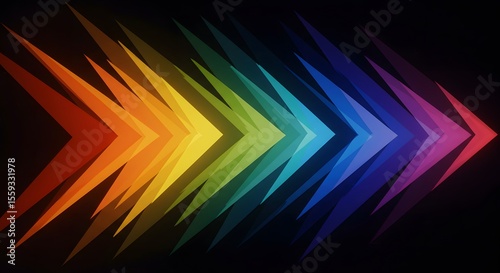 Bright arrows in multiple colors form a linear pattern against a dark background. The design showcases a spectrum distortion, highlighting vivid hues merging harmoniously.