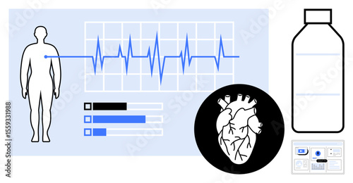 Heartbeat graph, heart illustration, human figure, bottle, bar chart, and monitoring dashboard. Ideal for medical, healthcare wellness cardiology technology diagnostics education. Simple flat