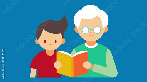 An elderly person and a child reading a book together demonstrating the importance of literacy and bonding.. Vector illustration