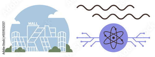 Modern mall building with geometric architecture paired with atomic model and connected circuits. Wavy lines depict signal or energy. Ideal for technology, physics, retail innovation, engineering