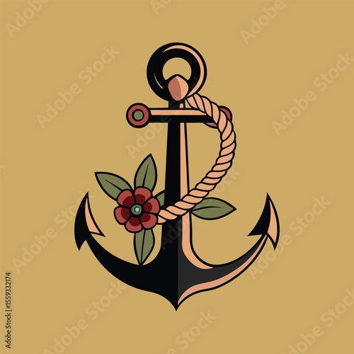 Anchor wrapped in roses and leaves, nautical floral tattoo design symbolizing strength, love, and stability