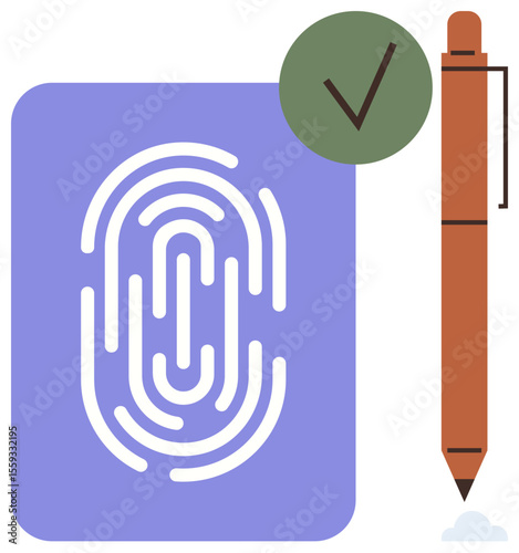 Fingerprint with approval checkmark, alongside a pen. Ideal for security, authentication, digital approval, identity verification, technology, data protection, simple flat metaphor