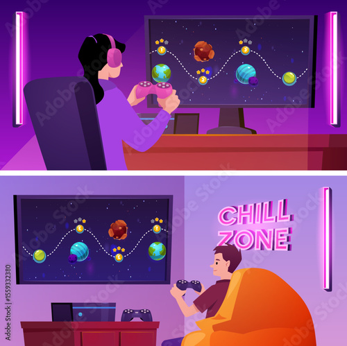 Teenagers with joystick plays computer game space arcade, play station video games console vector flat illustrations set