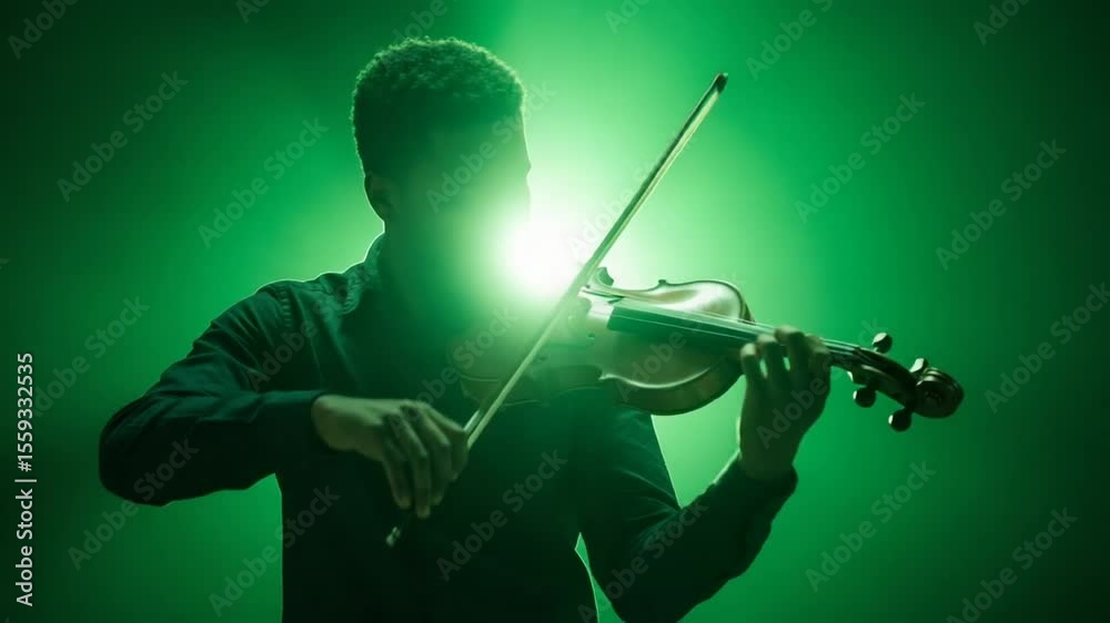 Musician playing violin under green spotlight glow Musician playing violin under green spotlight glow
