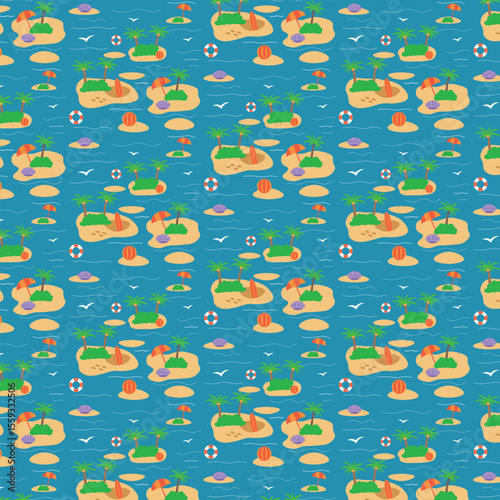 A colorful seamless pattern with tropical islands, beach umbrellas, palm trees, sea waves, shells, and beach balls. Perfect for summer-themed fabrics, packaging, wallpapers, and vacation designs.