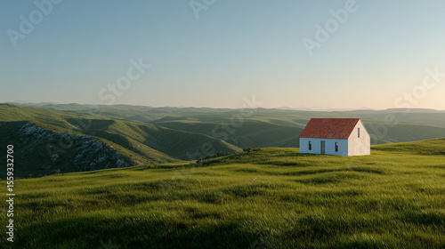 Small white house with red roof standing alone on vast green grassy hills under clear sky in peaceful rural landscape during golden hour sunlight.