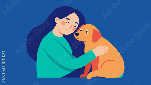 A woman with depression cuddled up with a therapy dog feeling a sense of joy and happiness as the dogs presence triggers memories of simpler and happier times.. Vector illustration