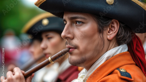 Historical musician playing flute in vibrant costume