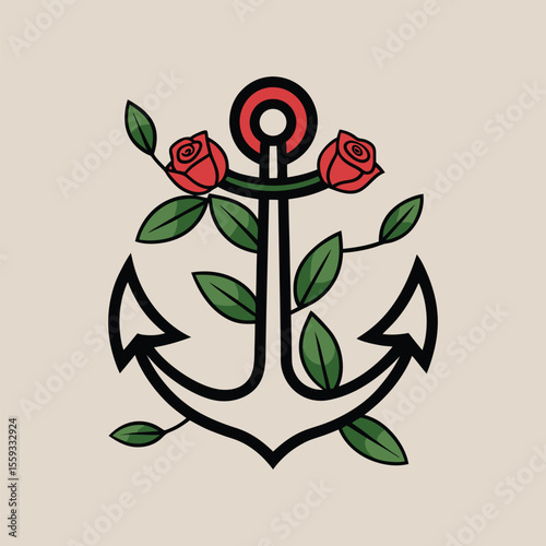 Anchor wrapped in roses and leaves, nautical floral tattoo design symbolizing strength, love, and stability