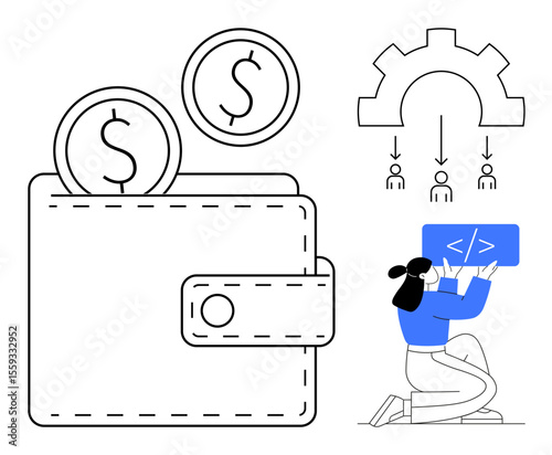 Wallet with coins, gear connecting people, woman coding. Ideal for finance, collaboration, technology, team management, programming, digital solutions simple landing page