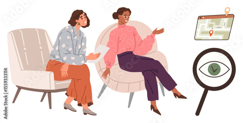 Two women conversing on chairs, map with location pin, and magnifying glass with an eye. Ideal for collaboration, communication, navigation, planning, analysis teamwork strategy. Simple flat