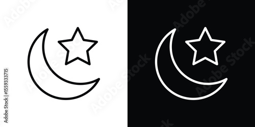 Moon and star icon in trendy stroke thin linear style.