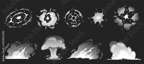 Dynamite or bomb explosion smoke effect different shapes vector set, cartoon blast boom, explode bomb puff, bang game
