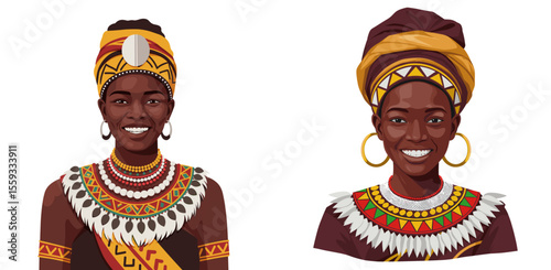 Two African Burundian women wearing traditional attire and smiling, white background, isolated, vector  