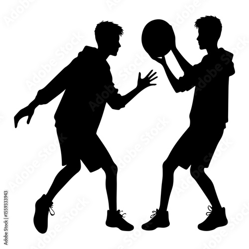 Black and white silhouette of two high school students playing basketball on a white isolated background. Vector graphics. EPS.