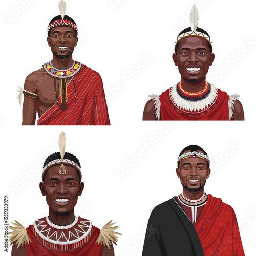 African Maasai man in traditional dress with tribal accessories and bright smile, white background, isolated, vector  