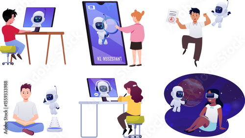 School kids studying with chat bot, Artificial intelligence support, digital education, ai robotic assistance vector set