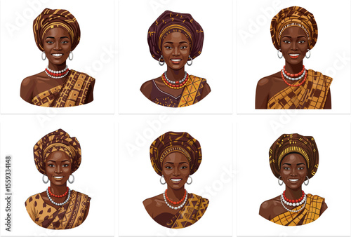 African Nigerien woman wearing traditional attire and smiling in vibrant colors, white background, isolated, vector set  