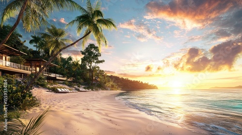 Tropical beachfront resort at sunset scene.