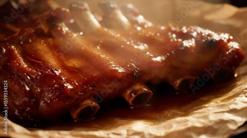 Close up of delicious steaming hot barbecue pork ribs with a savory glaze on parchment paper.
