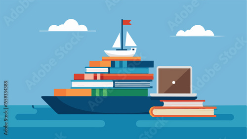 The laptop is propped up on a stack of books providing a makeshift desk for the sailor to work on while out at sea.. Vector illustration