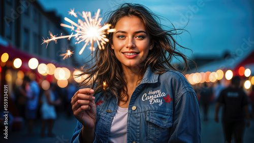 Smiling woman holding sparkler celebrating Canada Day at night