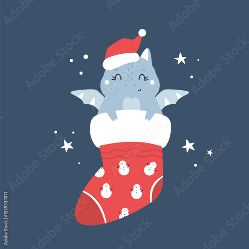 Cute Christmas Dragon Sitting in a Holiday Stocking. Festive Greeting Card, Illustration