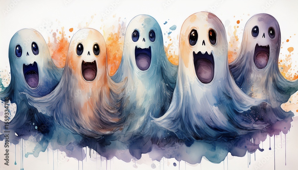Obraz premium watercolor ghosts with wide eyes and open mouths against a white background