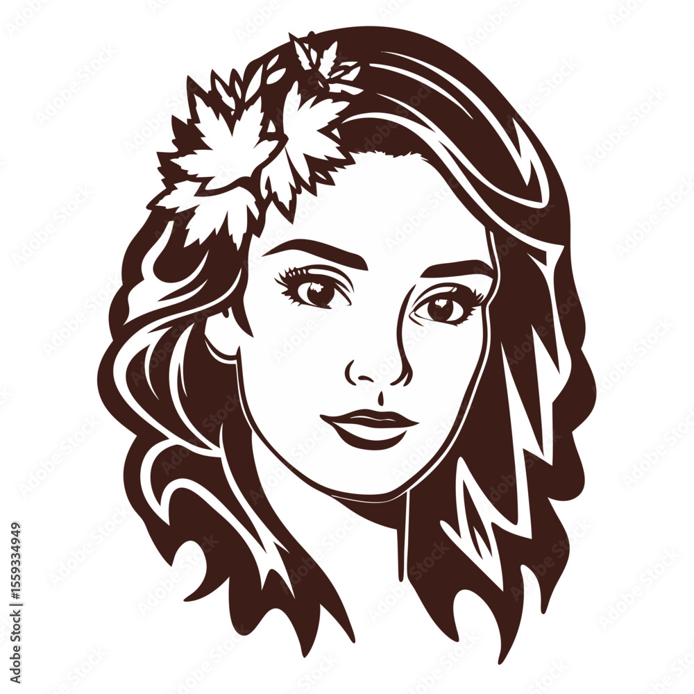Stylized portrait of a woman with leaves in hair Stylized portrait of a woman with leaves in hair