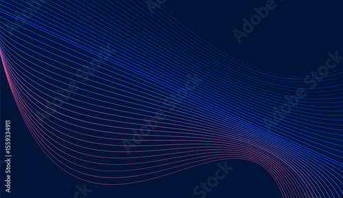Abstract visual featuring a graceful. Pattern of parallel lines in a vibrant gradient deep blue to subtle teal. Minimalist background for connectivity, data and modern technology.