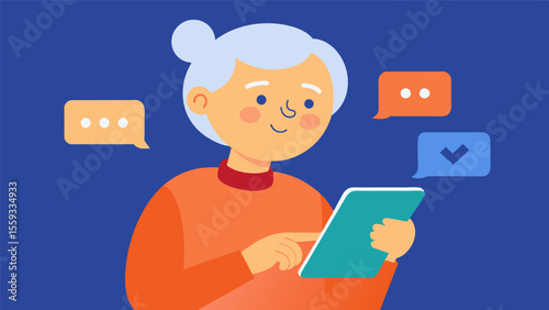 An elderly person playing a language learning game on their tablet as they work on expanding their vocabulary and keeping their communication skills sharp.. Vector illustration