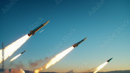 Multiple military missiles launching from a mobile rocket system in the desert at sunrise.