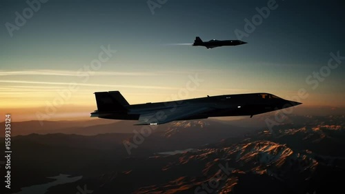 Two futuristic stealth fighter jets flying in formation on a military mission over a mountain range at sunset.