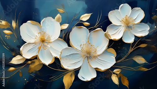abstract painted oil acrylic painting of white flowers with gold deatils and dark blue moody background wallpaper texture illustration generative ai