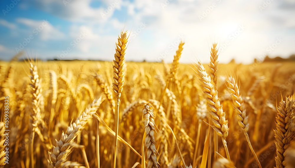 Fototapeta premium Close up of wheat ears, field of wheat in a summer day. Harvesting period