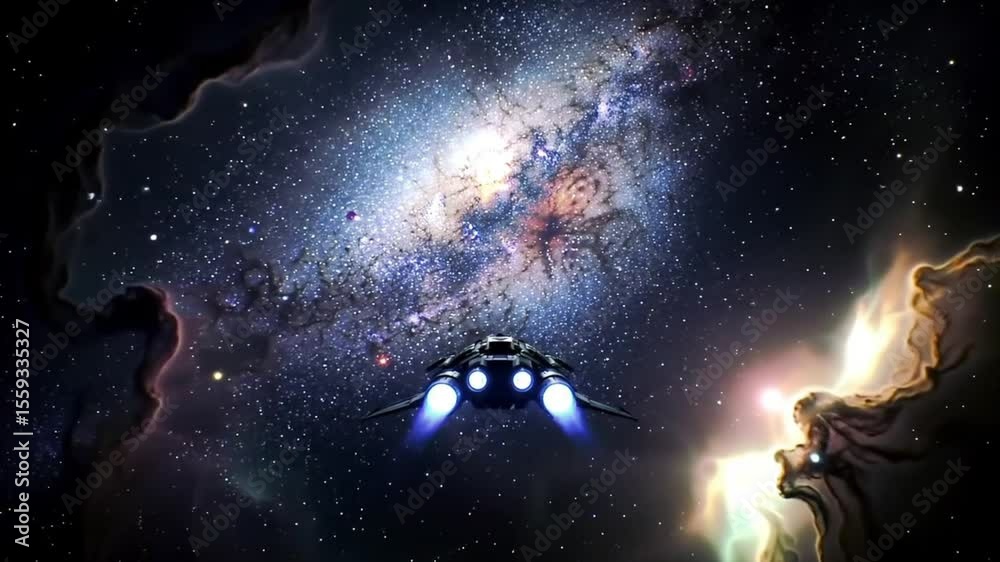 Futuristic spaceship flying through a colorful cosmic nebula towards a glowing galaxy in a seamless loop animation.