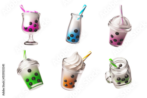 3D set of glasses of different shapes with bubble tea of different colors, whipped cream, straw.