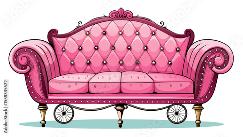 A modern, fashionable pink sofa with elegant carriage stitching, button detailing, and chic legs—isolated on a white background. A romantic, feminine furniture piece that adds charm to any stylish 