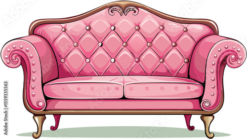 A modern, fashionable pink sofa with elegant carriage stitching, button detailing, and chic legs—isolated on a white background. A romantic, feminine furniture piece that adds charm to any stylish 