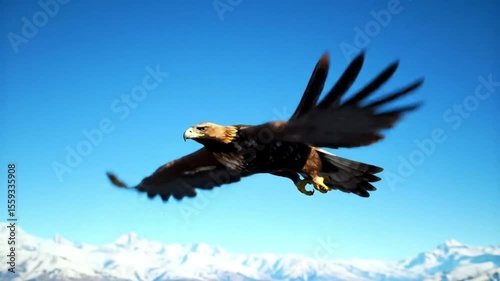 Majestic golden eagle soaring in slow motion over snowy mountains against a clear blue sky animation.