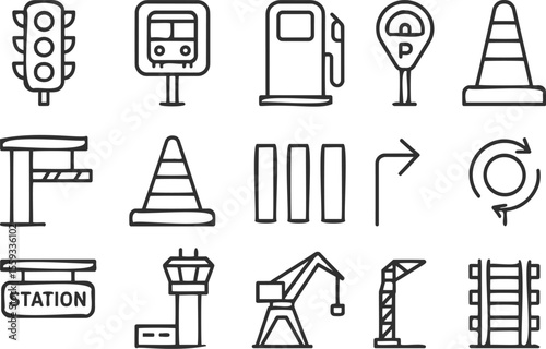 Traffic and transportation icons representing city life and infrastructure in a simple line art style