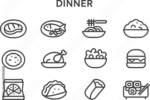 Variety of dinner foods illustrated with simple line art designs featuring popular dishes in a compact layout