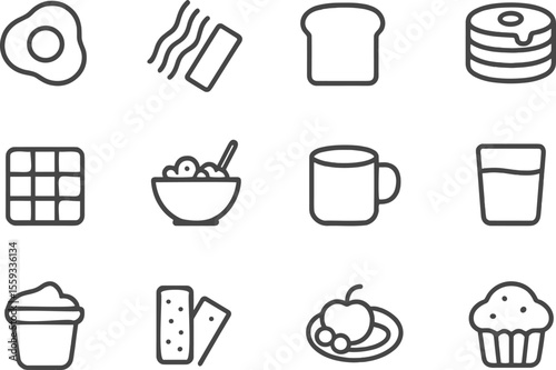 Various food icons illustrating breakfast and dessert items in a simple design style for culinary inspiration