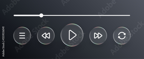 Liquid glass media player with buttons menu, play, rewind, fast forward and repeat on dark background. Web design illustration for user interface layout.
