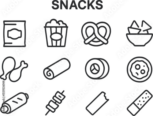 Variety of snacks displayed in simple line art at a casual gathering setting during daytime