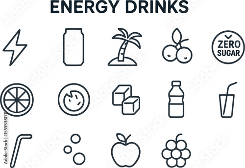 Energy drink icons with various illustrations representing healthy and flavorful options