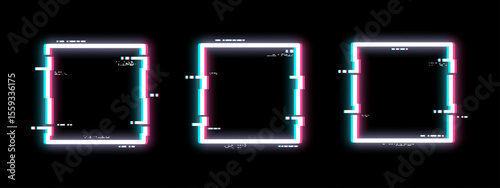 Three glitch frames with rgb effect on a black background. Digital distortion vector for video stream and screen technology concept.