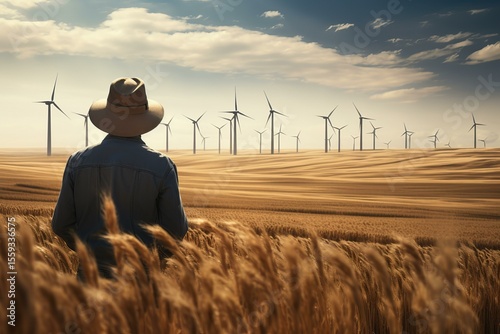 Farmer standing in golden wheat field looking at wind turbines generating clean energy, symbolizing sustainable agriculture and renewable resources