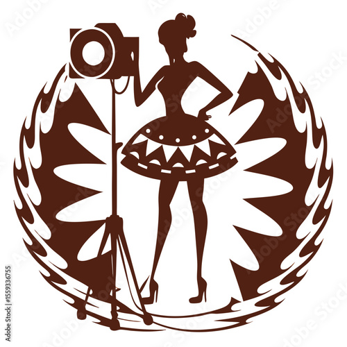 Silhouette of a model posing beside a camera